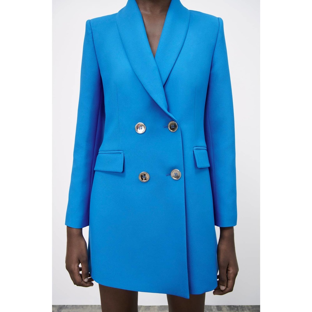 ZARA DOUBLE BREASTED LONG BLAZER BLUE XS - Picture 4 of 13